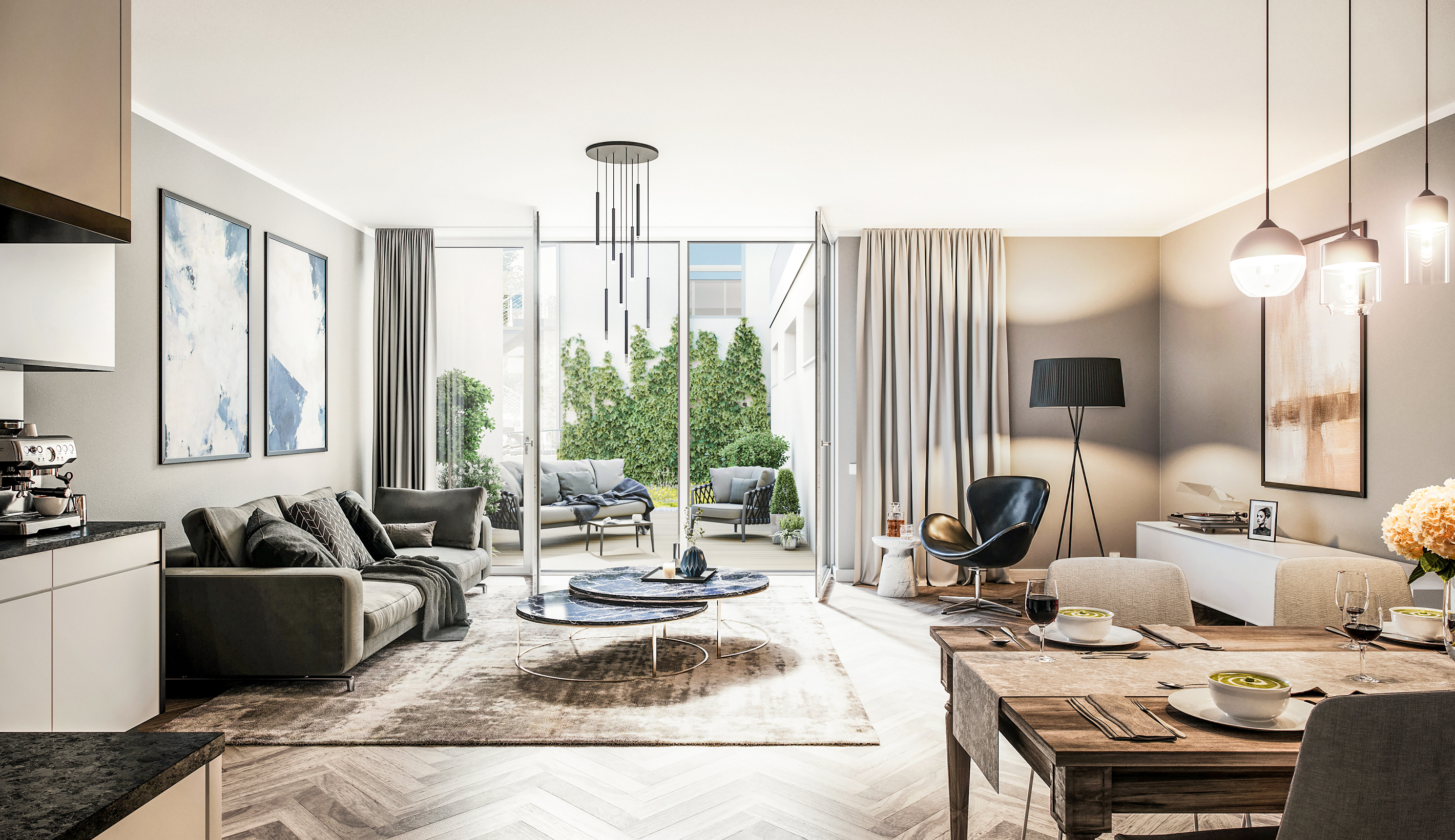 Visualisierung Wohnzimmer edel elegant gedeckte Farben Terrasse