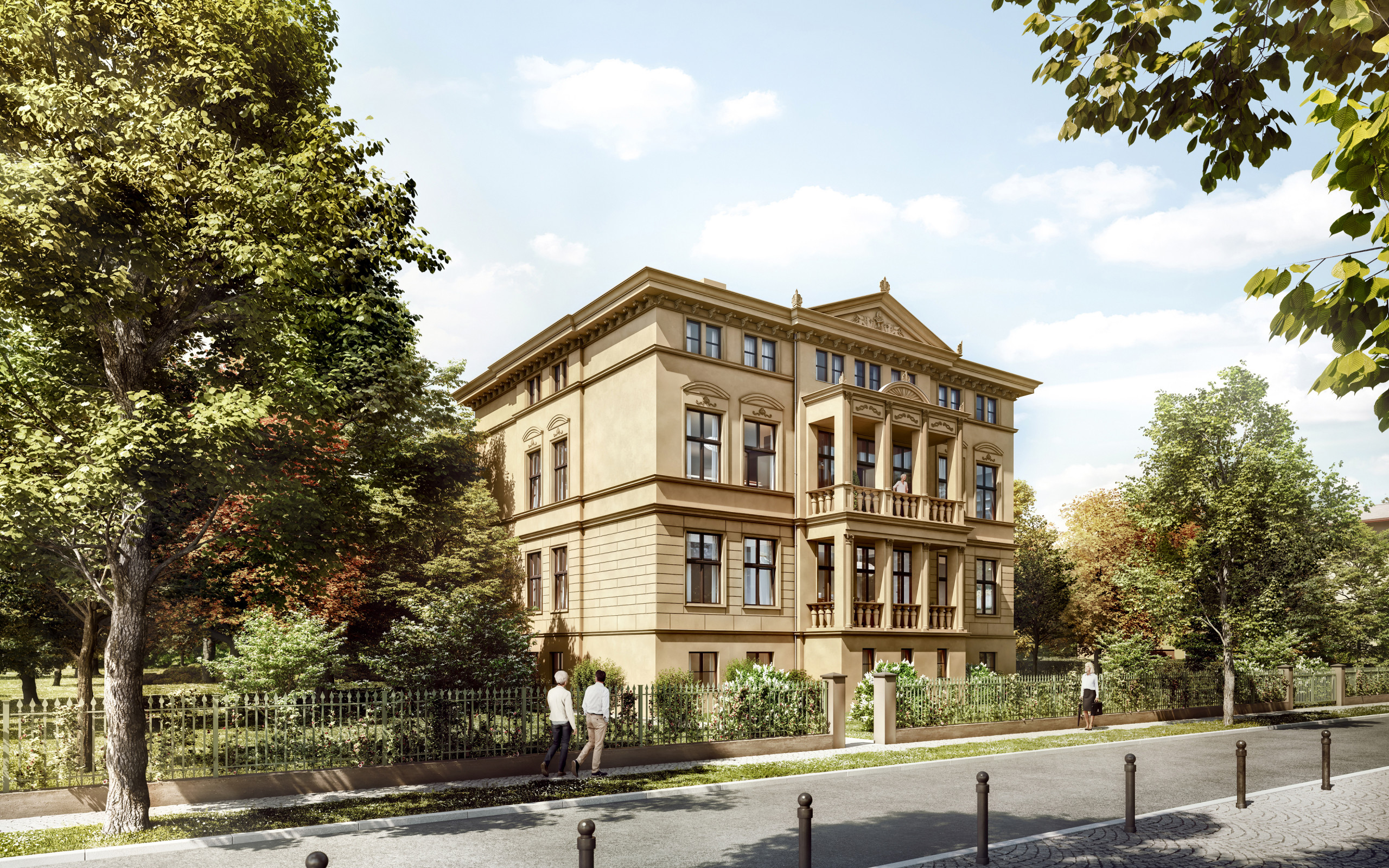 Viualisierung Altbau elegant hochwertig edel Klassizismus Park Straßenansicht Fassade